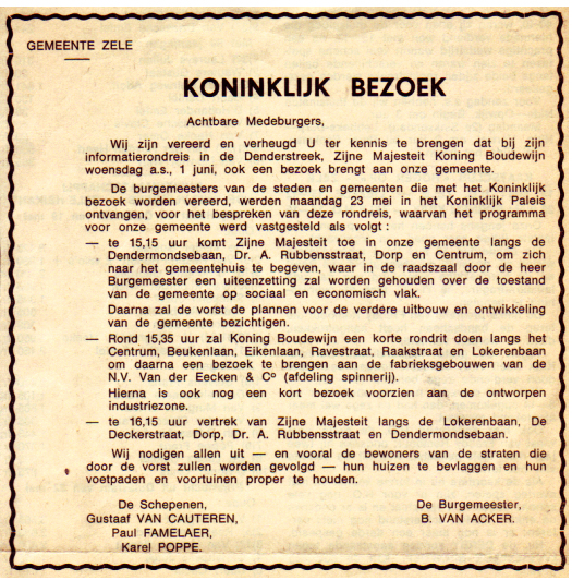 Aankondiging bezoek koning Boudewijn op 1 juni 1966